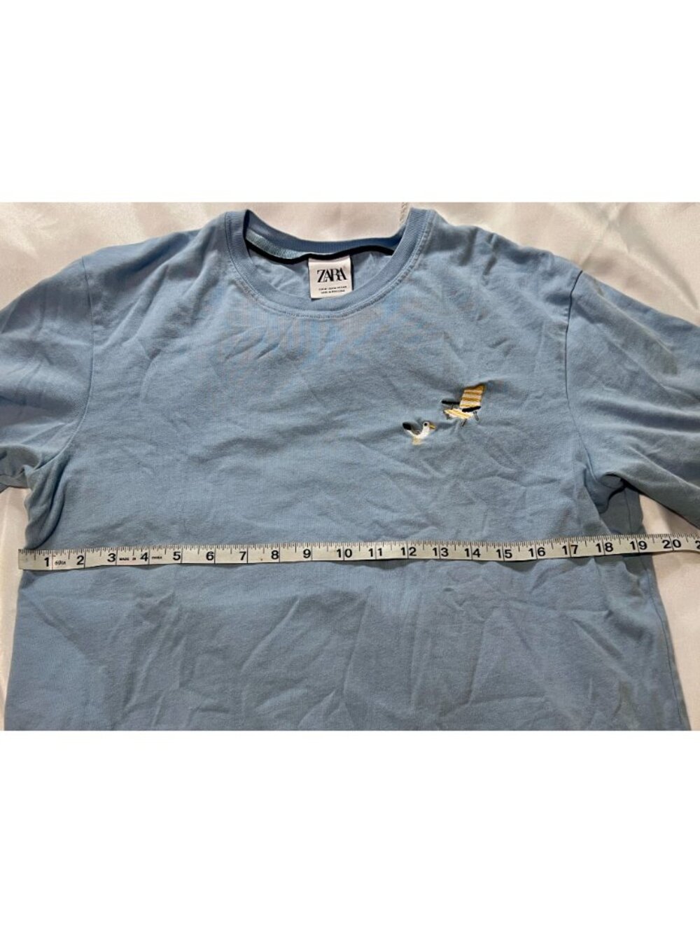 Zara Blue Tee Shirt Dominguero Mood Seagull Beach Chair Embroidery Size M - Picture 7 of 7